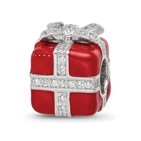 CZ Enamel Present Charm Bead in Sterling Silver