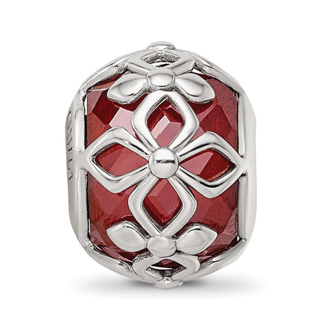 Red CZ Floral Charm Bead in Sterling Silver