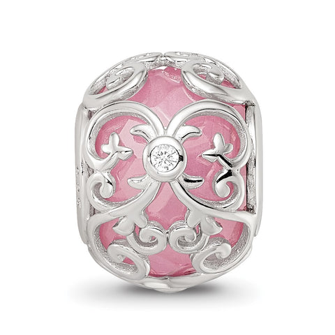 Pink & White CZ Charm Bead in Sterling Silver