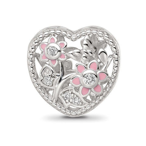 Enamel CZ Heart Shaped Charm Bead in Sterling Silver