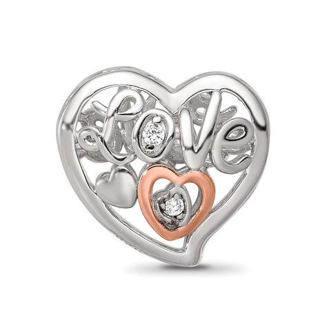 Rose-Tone CZ Love Heart Shaped Charm Bead in Sterling Silver