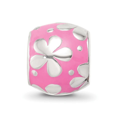 Pink Enamel Floral Charm Bead in Sterling Silver