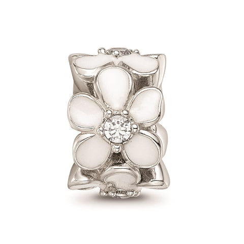 White Enamel CZ Floral Charm Bead in Sterling Silver