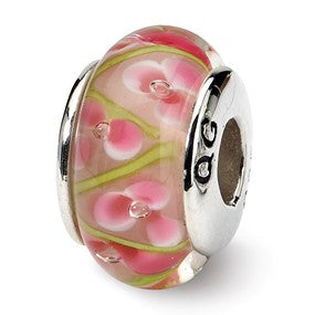 Sterling Silver Pink/Green Hand-blown Glass Bead Charm hide-image