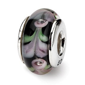 Sterling Silver Pink/Black Hand-blown Glass Bead Charm hide-image