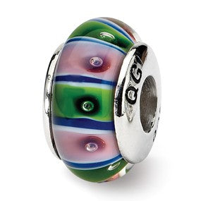 Sterling Silver Green/Pink Hand-blown Glass Bead Charm hide-image