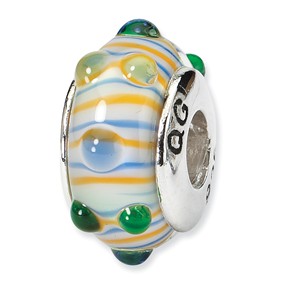 Sterling Silver Blue/ Green/Yellow Stripes Hand-blown Glass Bea Charm hide-image