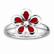 Sterling Silver Polished Red Enameled Flower Ring