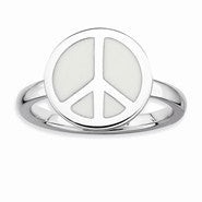 Sterling Silver Polished White Enameled Peace Sign Ring