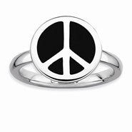 Sterling Silver Polished Black Enameled Peace Sign Ring