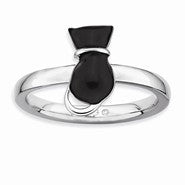 Sterling Silver Polished Black Enameled Cat Ring
