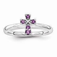 Sterling Silver Rhodium Amethyst Cross Ring