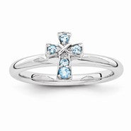 Sterling Silver Rhodium Blue Topaz Cross Ring