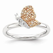 Sterling Silver/Rose Gold Plated Diamond Butterfly Ri, Size