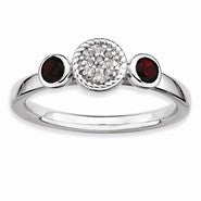 Sterling Silver Db Round Garnet & Diamond Ring