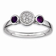 Sterling Silver Db Round Amethyst & Diamond Ring