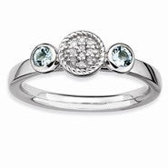 Sterling Silver Db Round Aquamarine & Diamond Ring