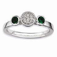 Sterling Silver Db Round Emerald & Diamond Ring