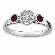 Sterling Silver Db Round Rhodium Garnet & Diamond Ring