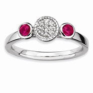 Sterling Silver Db Round Created Ruby & Diamond Ring