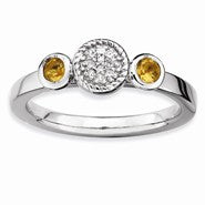 Sterling Silver Db Round Citrine & Diamond Ring