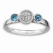 Sterling Silver Db Round Blue Topaz & Diamond Ring