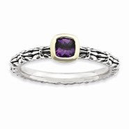 Sterling Silver & 14k Checker-cut Amethyst Antiqued R, Size 7, Jewelry Ring