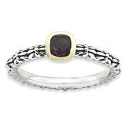 Sterling Silver & 14k Yellow Gold Checker-cut Rhodium Garnet Antiqued Ring