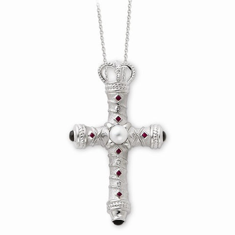 Sterling Silver Onyx, Ruby & Topaz Power Of The Cross Necklace