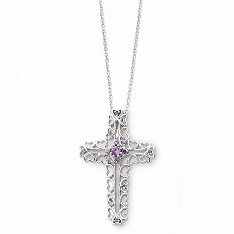 Sterling Silver Feb CZ Birthstone Message Of The CrossNecklace