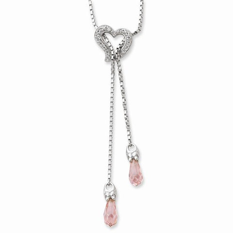 Sterling Silver Pink & Clear CZ Through The Heart Of Love Necklace