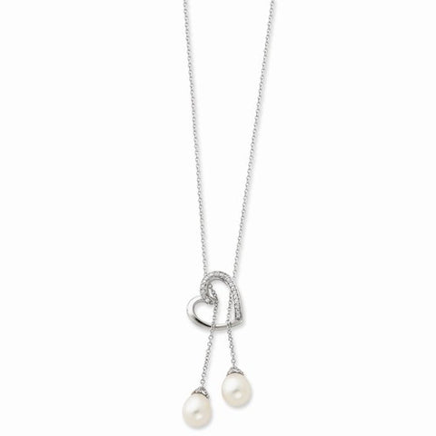 Sterling Silver Cultured Pearl & CZ Two Become One Heart Necklace