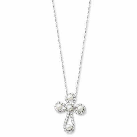 Sterling Silver Cultured Pearl & CZ Pearls Of Purity Cross Necklace