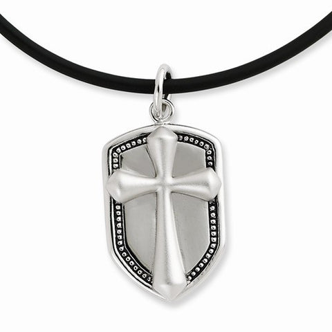 Sterling Silver Antiqued Our Shield Rubber Cord Necklace