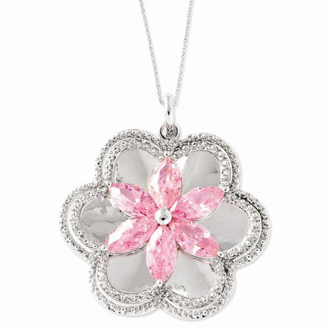 Sterling Silver CZ Pretty Pink Flower Necklace
