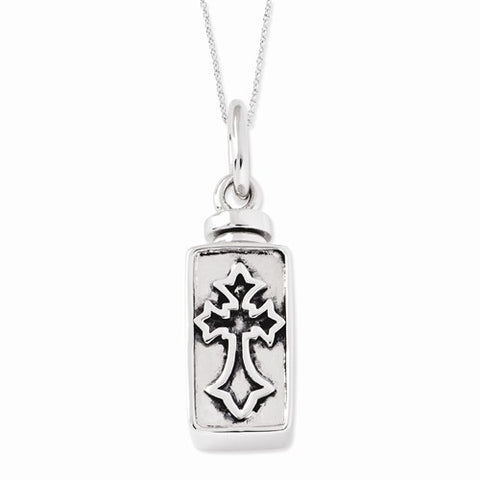 Sterling Silver Antiqued Rectangle Box Cross Ash Holder Necklace