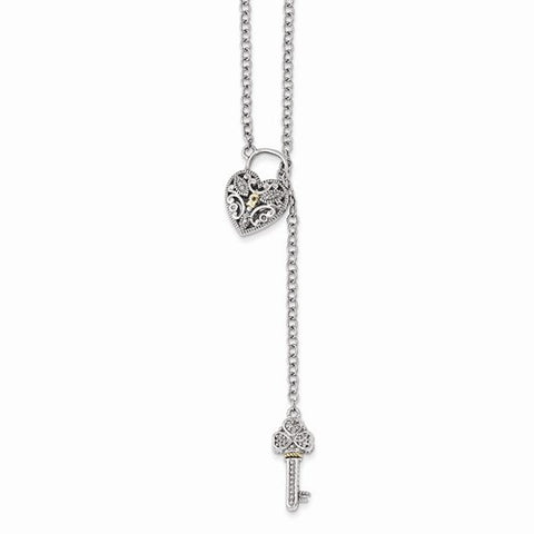 14K Yellow Gold and Silver Diamond Heart Lock and Key Necklace