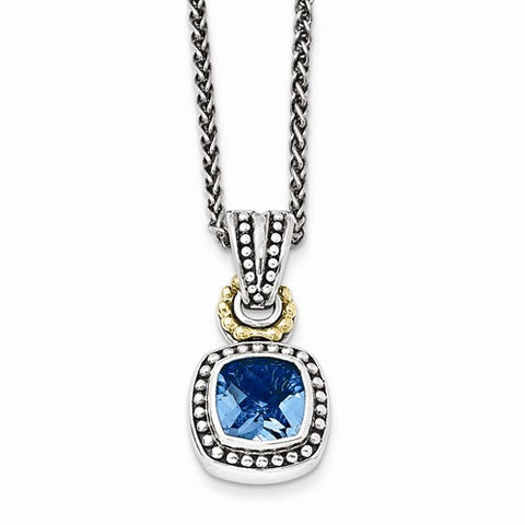 14K Yellow Gold and Silver Antiqued Blue Topaz Necklace