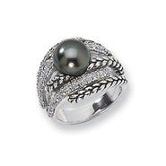 Sterling Silver Diamond and 10-11mm Tahitian Pearl Antiqued Ring