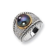 Sterling Silver/14k Yellow Gold Diamond and 11mm Black FW Cultured Pearl Ring
