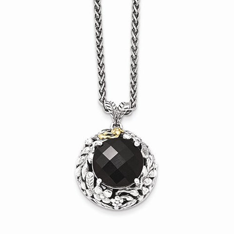 14K Yellow Gold and Silver Antiqued Onyx Necklace