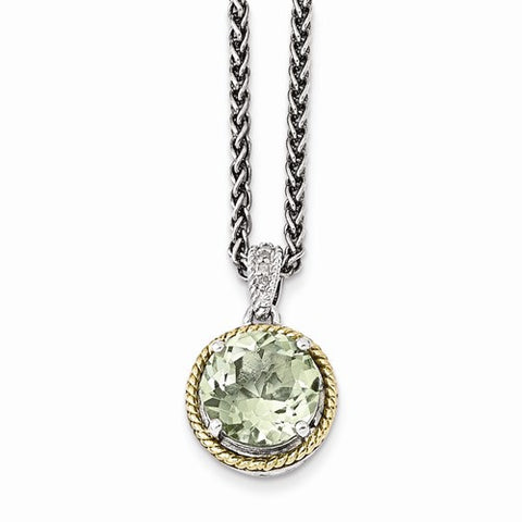 14K Yellow Gold and Silver Green Quartz and Diamond Necklace