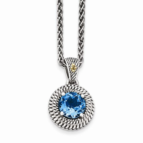 14K Yellow Gold and Silver Antiqued Blue Topaz Necklace