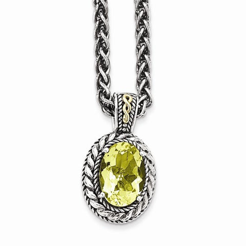 14K Yellow Gold and Silver Antiqued Lemon Quartz Necklace