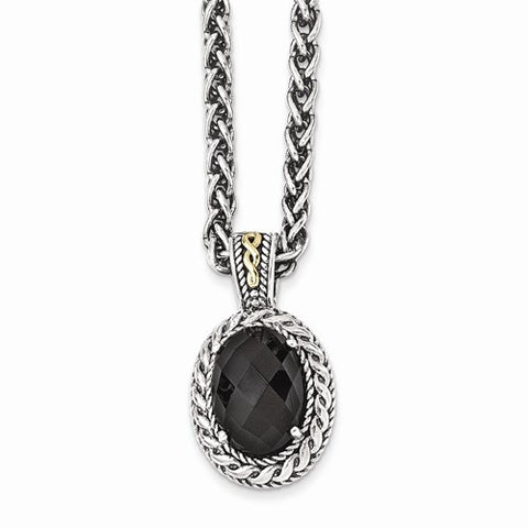 14K Yellow Gold and Silver Antiqued Onyx Necklace