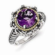 Sterling Silver w/14k Yellow Gold Antiqued Amethyst and Diamond Ring