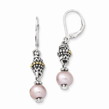 Sterling Silver w/14k Yellow Gold 8-8.5mm Pink FWC Pearl Earrings