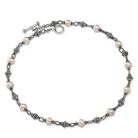 14K Yellow Gold and Silver Xpink Freshwater Cultured Pearl Necklace