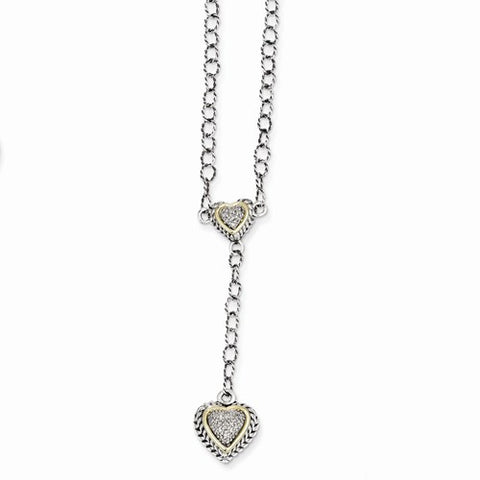14K Yellow Gold and Silver , Diamond-Hearts Drop Necklace