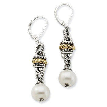 Sterling Silver w/14k Yellow Gold 9.5-10mm Freshwater Cultured Pearl Earrings